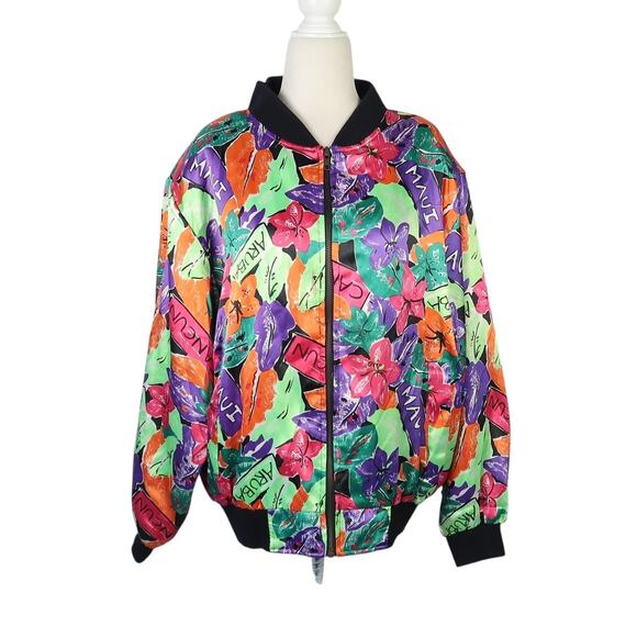 Vintage 80s/90s Stefano Tropical Floral Island Print Satin Bomber Jacket M - Picture 1 of 6